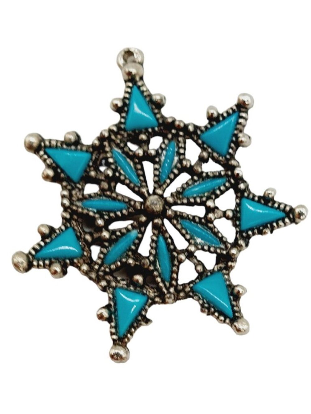 Vintage Mid Century Star Snowflake Blue Necklace Pendant 2"